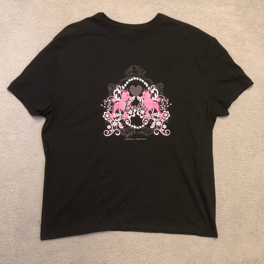 Barbie Poodle Graphic T-Shirt Black Y2K Vtg 2009 Mattel Hanes Tee 3XL Pink